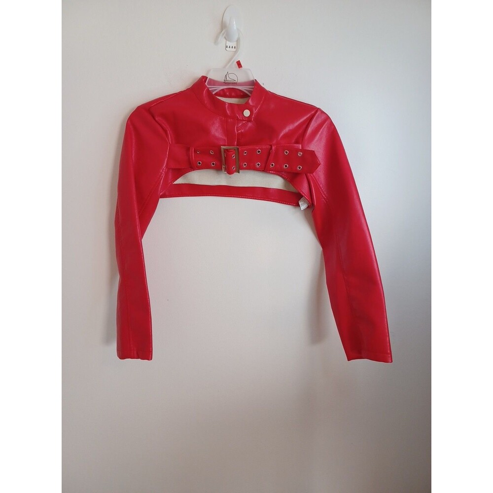 SHEIN Super Cropped Faux Leather Jacket Shrug M Red Bolero Belted Moto Biker